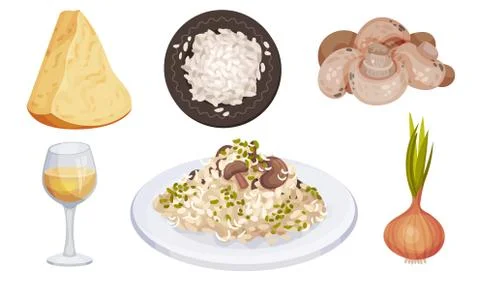 Mushroom Risotto Served on Plate with Ingredients Around Vector Set Stockillustratie