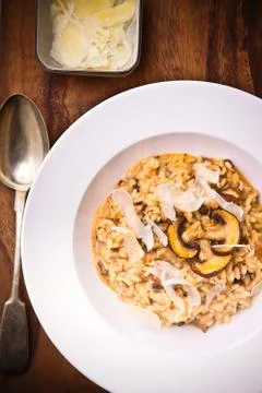 Mushroom risotto served on a table Stock Photos
