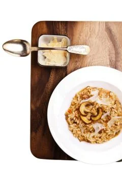 Mushroom risotto served on a table Stock Photos