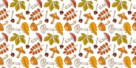 Mushroom seamless pattern with autumn leaves in cartoon style for textile Illustrazione stock