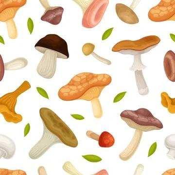 Mushroom Seamless Pattern with Forest Plant with Stem and Cap Vector Template Illustrazione stock