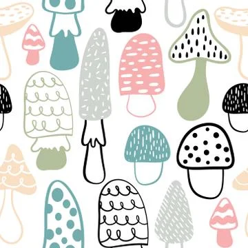 Mushroom seamless pattern. Vector modern doodle background. Great looks on .. Stock Illustration
