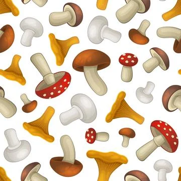 Mushroom Seamless Pattern on White Background. Vector Иллюстрация