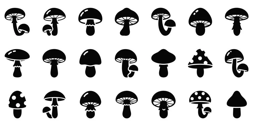 Mushroom silhouette set with different wild forest fungus shapes in vector Stock Illustration