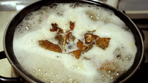 Mushroom soup is boiling in a pan in the kitchen. Stock Footage 102721443