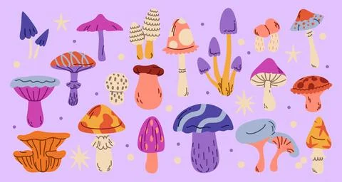 Mushroom space. Pattern nature retro isolated doodle elements. Print vintage Illustrazione stock