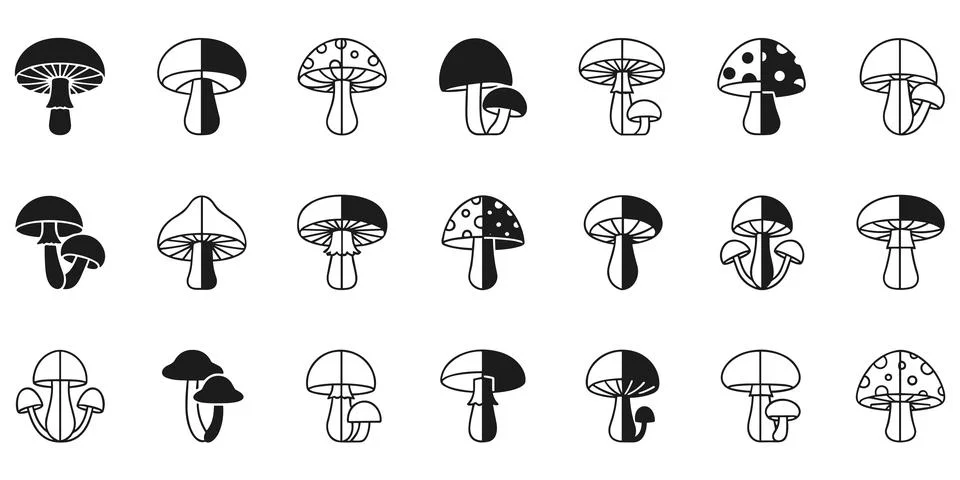 Mushroom split icon set with half outline black silhouette shapes in vector Stock Illustration