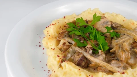 Mushroom stroganoff with meat and mashed potato, served in Restaurant Stock Footage 95148786