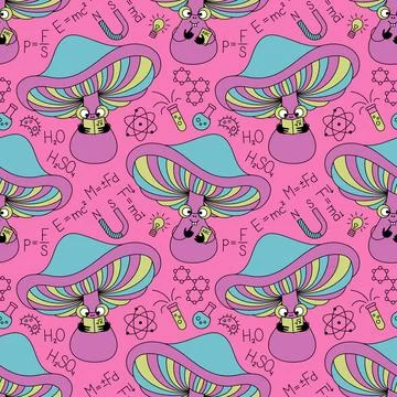 Mushroom student seamless pattern. Pink background with funguses and formul.. Stock Illustration