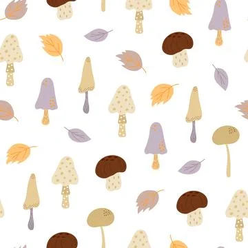 Mushroom, toadstool, leaves seamless pattern, seasonal Halloween hand drawn Stock Illustration
