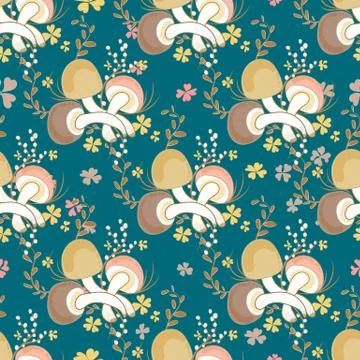Mushroom vector pattern Seamless pattern with mushrooms on a dark green backg Stock Illustration