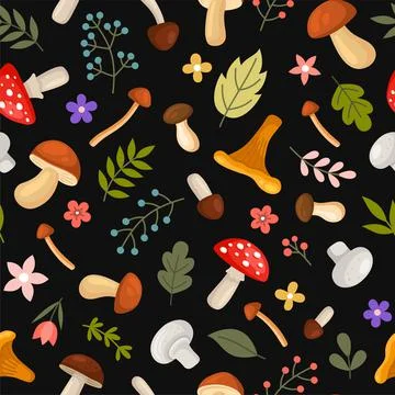 Mushrooms and Leafs Seamless Pattern on Black Background. Vector Иллюстрация