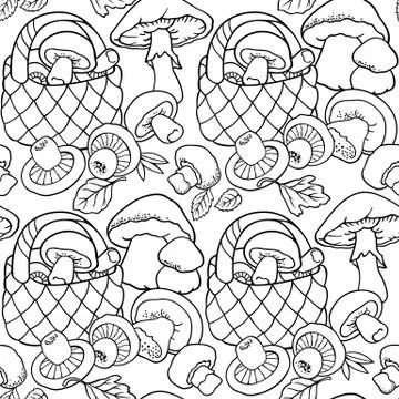 Mushrooms in baskets cartoon seamless pattern イラスト素材