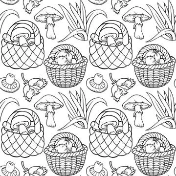 Mushrooms in baskets cartoon seamless pattern Stock Illustration