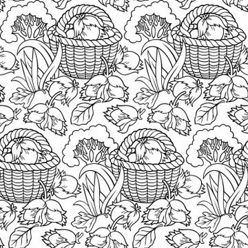 Mushrooms in baskets cartoon seamless pattern Stock Illustration