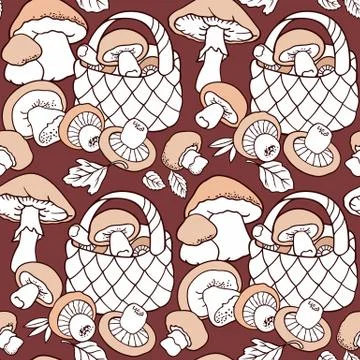 Mushrooms in baskets cartoon seamless pattern 스톡 일러스트