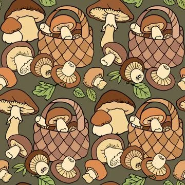 Mushrooms in baskets cartoon seamless pattern Stock Illustration
