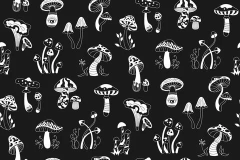 Mushrooms boho magic seamless pattern psychedelic black white endless background Stock Illustration