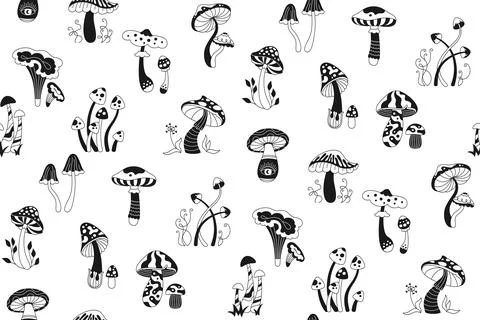 Mushrooms boho magic seamless pattern psychedelic black white endless background Illustrazione stock