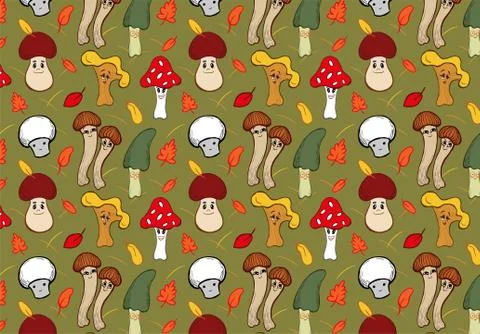 Mushrooms cartoon characters pattern seamless Stock Illustration