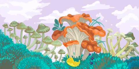 Mushrooms of different types in the green forest, on the sky background. Vector Stock Illustration