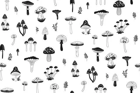 Mushrooms drawn seamless pattern doodle mushrooms vector design boundless Stock Illustration