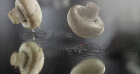 Mushrooms fall on a mirror surface with water Stock Footage 198147134