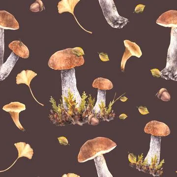 Mushrooms fall seamless pattern Boletus, Chanterelle, moos, leaves and acorn Stock Illustration