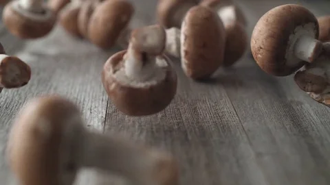 Mushrooms falling and rolling on a table. Slow Motion. Vidéo 84925343