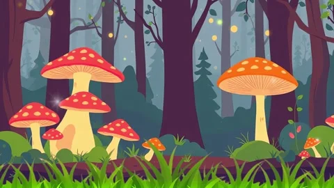 Mushrooms Forest: Fireflies, trees, magic mushrooms: Enjoy the Fairytale Land! Stock Footage 306825652