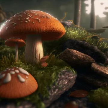 Mushrooms in the forest under the sunlight Stock Illustration