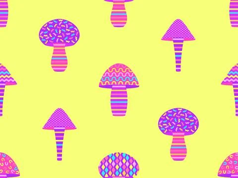 Mushrooms with geometric pattern and black outline. Mushrooms seamless patt.. Illustrazione stock