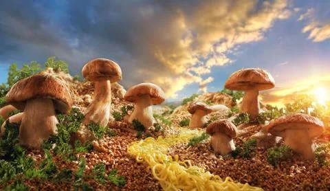 Mushrooms in the glade of buckwheat Stock Photos