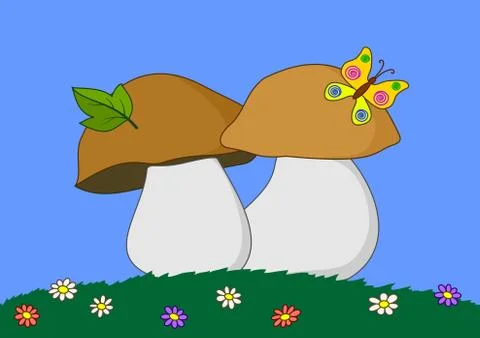 Mushrooms in a grass Stock Illustration