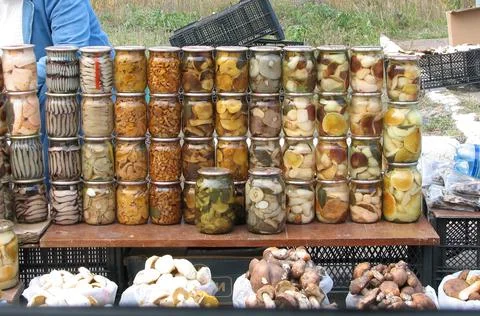 Mushrooms in jars in several rows Stock Photos