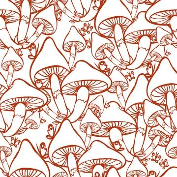 Mushrooms monochrome surface pattern design. Retro seamless pattern with hand Stock Illustration