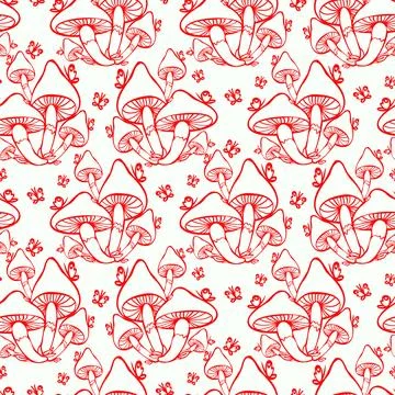 Mushrooms monochrome surface pattern design. Retro seamless pattern with hand Stock Illustration