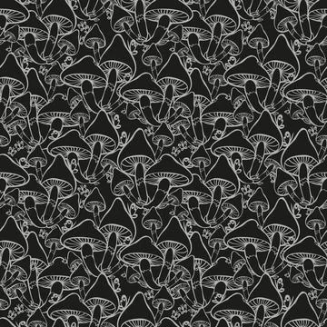 Mushrooms monochrome surface pattern design. Retro seamless pattern with hand Stock Illustration