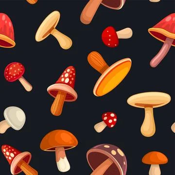 Mushrooms Seamless Pattern on Black Background. Vector Stock Illustration