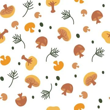 Mushrooms seamless pattern. Champignons and herbs, pickles. Food background.  Stock Illustration