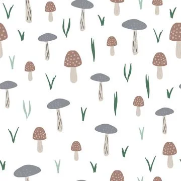 Mushrooms seamless pattern. Creative autumn botanical texture. Stock Illustration