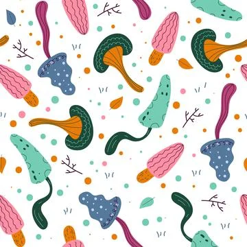 Mushrooms seamless pattern. Cute forest objects om white background, beautiful イラスト素材