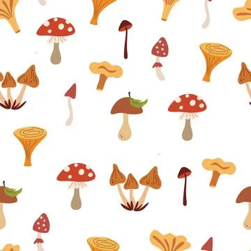Mushrooms seamless pattern. Forest background. Autumn harvest, healthy food.  Stock Illustration