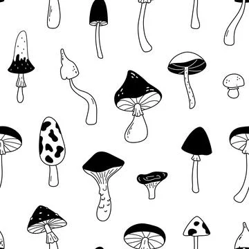 Mushrooms seamless pattern. Hand drawn sketch forest elements repeat texture. 스톡 일러스트