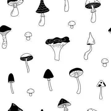Mushrooms seamless pattern. Hand drawn sketch forest elements repeat texture. 스톡 일러스트