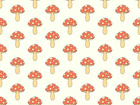 Mushrooms seamless pattern. Mushrooms on a stem. Amanita mushroom with dots.. Stock Illustration