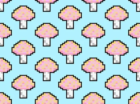 Mushrooms seamless pattern in pixel art style. 8 bit mushroom with outline Stock Illustration