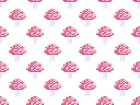 Mushrooms seamless pattern in pixel art style. 8 bit mushroom in 2D retro Stock Illustration