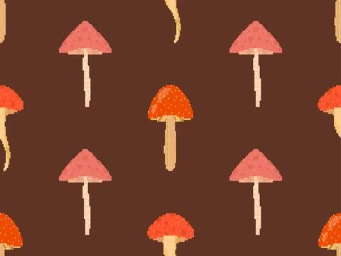Mushrooms seamless pattern in pixel art style. Mushrooms in 8 bit 90s video g イラスト素材