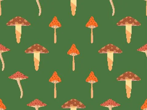 Mushrooms seamless pattern in pixel art style. Mushrooms in 8 bit 90s video g Illustrazione stock